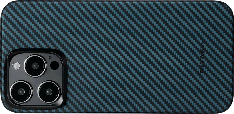 Mbështjellës Pitaka MagEZ Case 4 për iPhone 15 Pro, ultra i hollë 0.95 mm, MagSafe, fibër aramidi, Black/Blue Twill 7