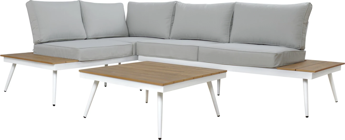 Set këndor divanësh me tavolinë për jashtë, alumin, ngjyrë gri, e bardhë, dru, FH5126.11