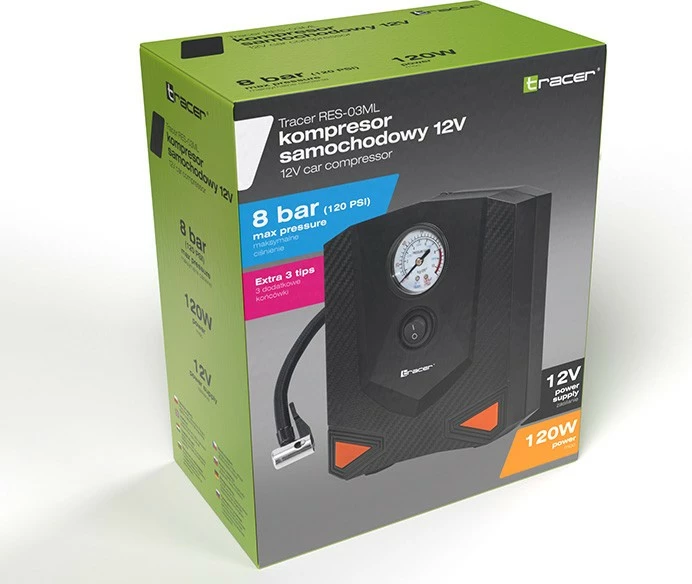 Kompresor ajri auto Tracer RES-03 ML 120W 12V 8 bar 15 L/min, i zi, set me 3 gryka