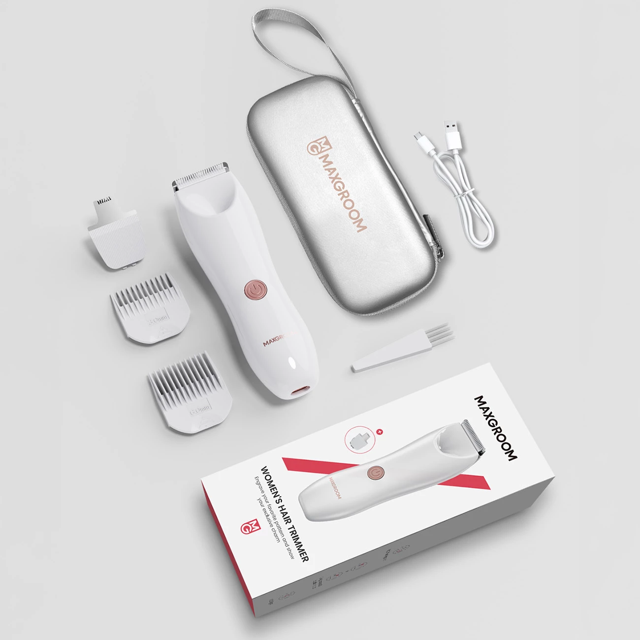 Makinë rroje MAXGROOM M-9082 (RFCD-9082) 2-në-1 për trup dhe fytyrë, 600mAh, USB-C, IPX7, dritë LED, set me koka zëvendësuese/krehra/kabllo, e bardhë