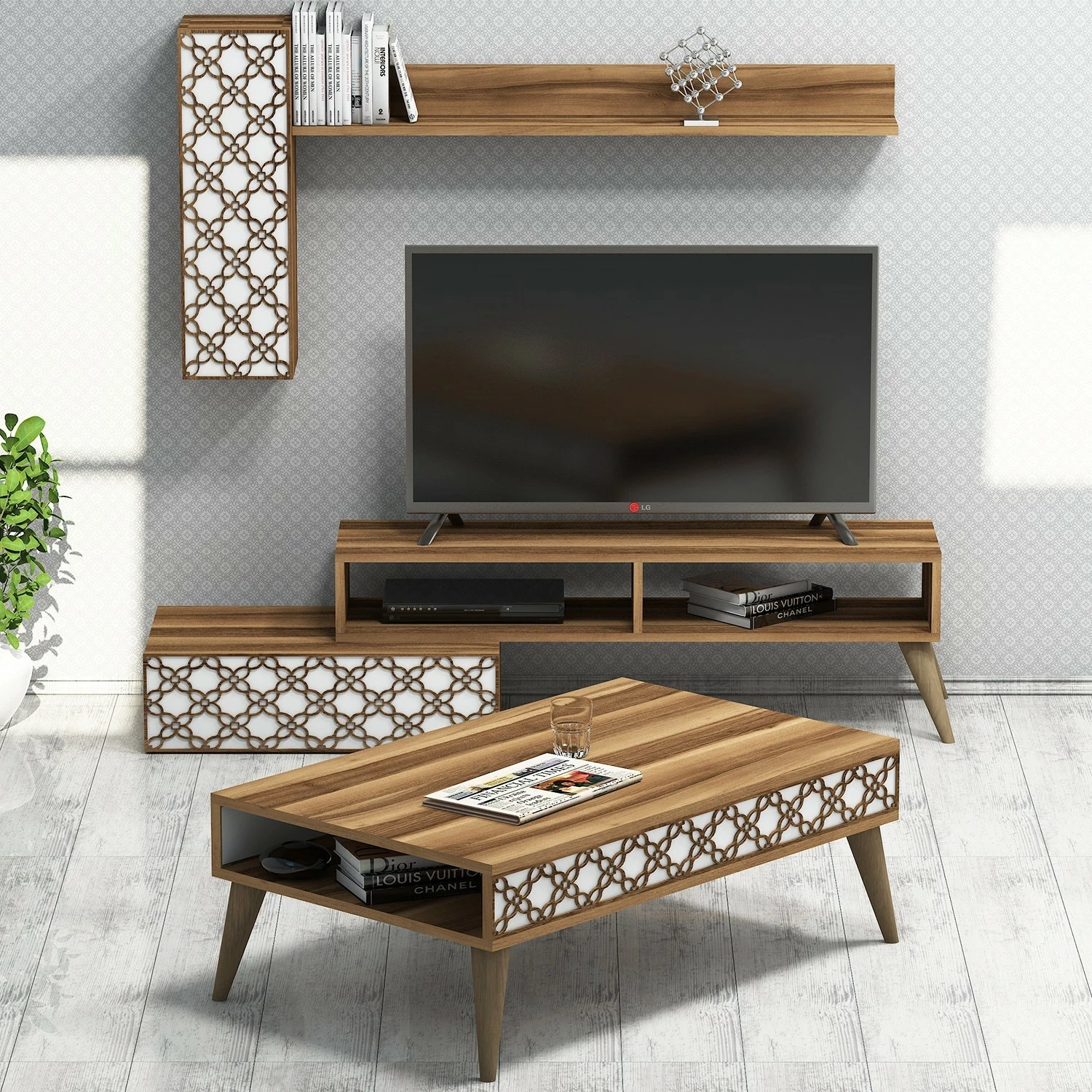 Set mobiljesh për dhomë dite Skye Decor, Planet, ngjyrë arre dhe e bardhë