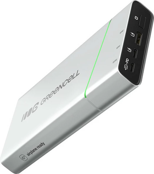 Power bank Green Cell PowerPlay Pro 65W (PBPLGC20P), 20800 mAh, USB-C PD, 3 porta, argjendtë/zi me detaje jeshile