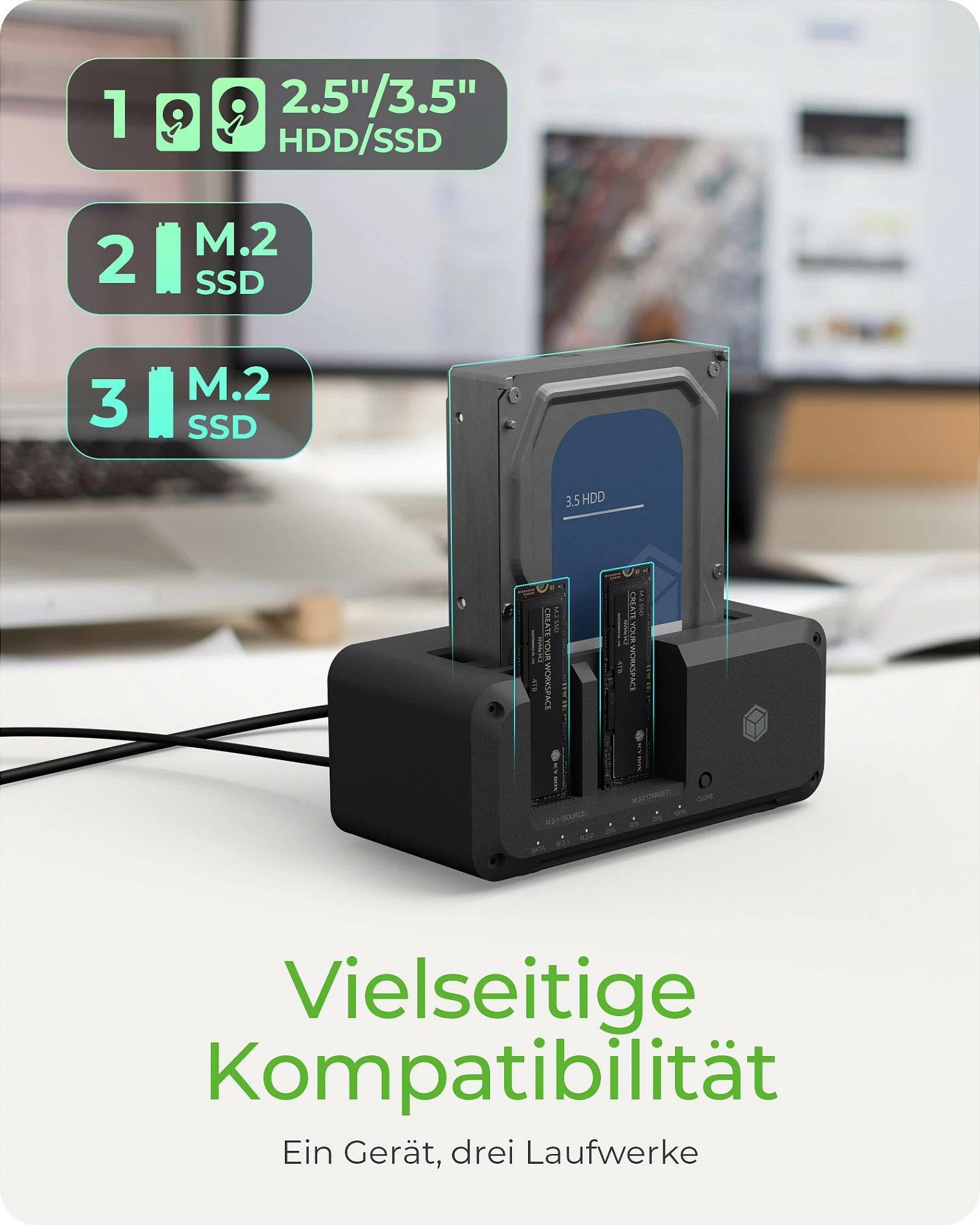 Docking stacion ICY BOX IB-2924MSCL-C31, USB-C USB 3.2 Gen 2 10Gbps, klonim offline, për HDD/SSD 2.5"/3.5" dhe M.2, i zi
