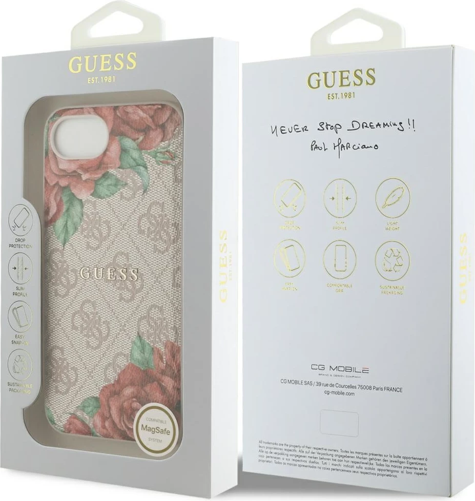 Mbështjellës Guess 4G Flowers Print MagSafe për iPhone 16e, Rozë