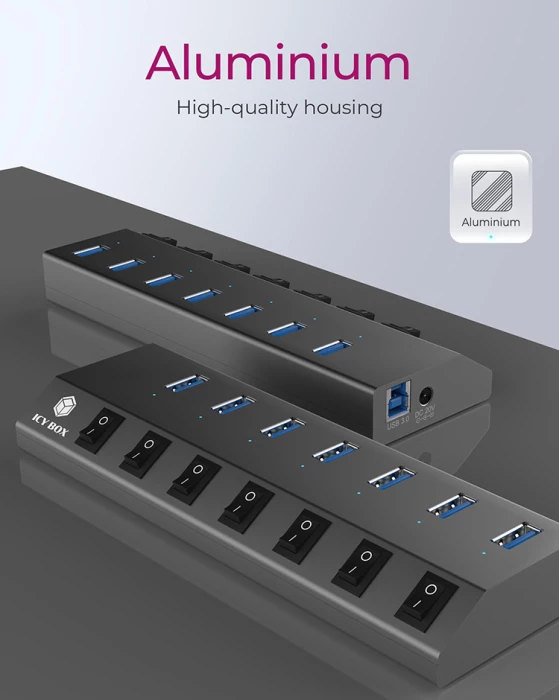 USB hub ICYBOX IB-HUB1701-C3 7-port USB-A me USB-C/USB-A, switch per port, BC 1.2, 65 W, antracit