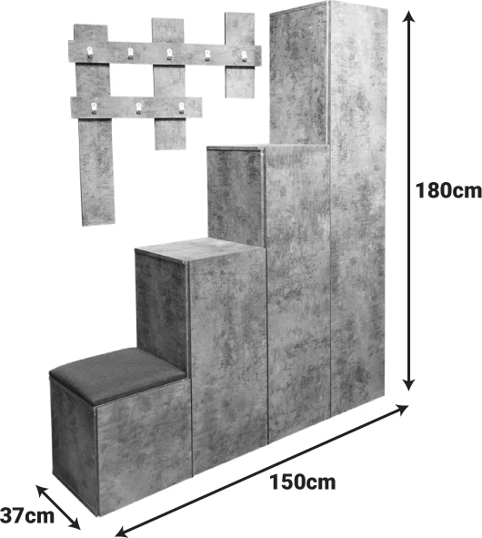 Mobilje korridori Nenich, ngjyrë lisi gri, 150x37x180cm