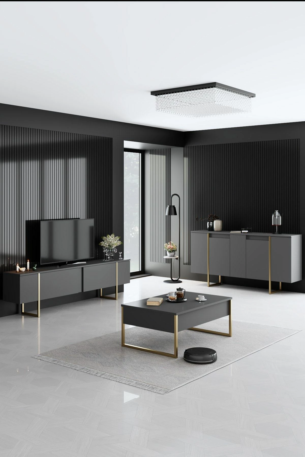 Konsolë, ngjyrë antracit, detaje ari, Skye Decor, Luxe