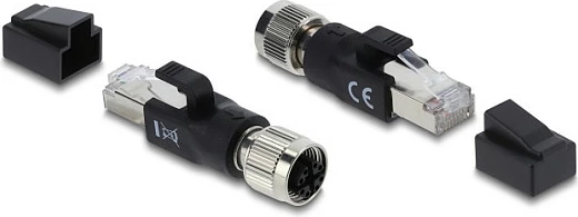 Adapter Ethernet industrial DeLOCK M12 X-coded 8-pin (F) në RJ45 (M), Cat6, i zi