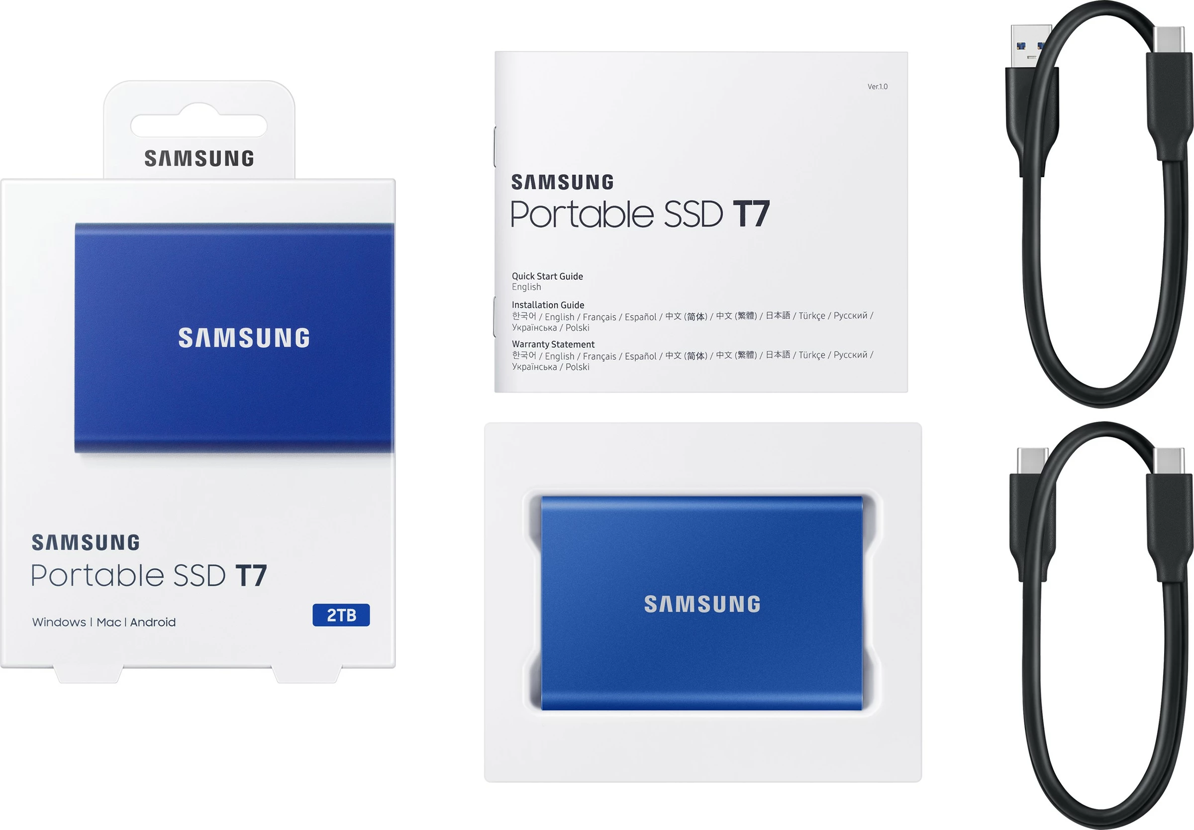 SSD portabël Samsung T7, 2 TB, USB Type-C, 3.2 Gen 2, Blu