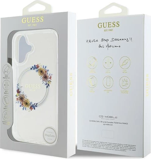 Mbështjellës Guess Flowers Wreath MagSafe për iPhone 16, Transparent