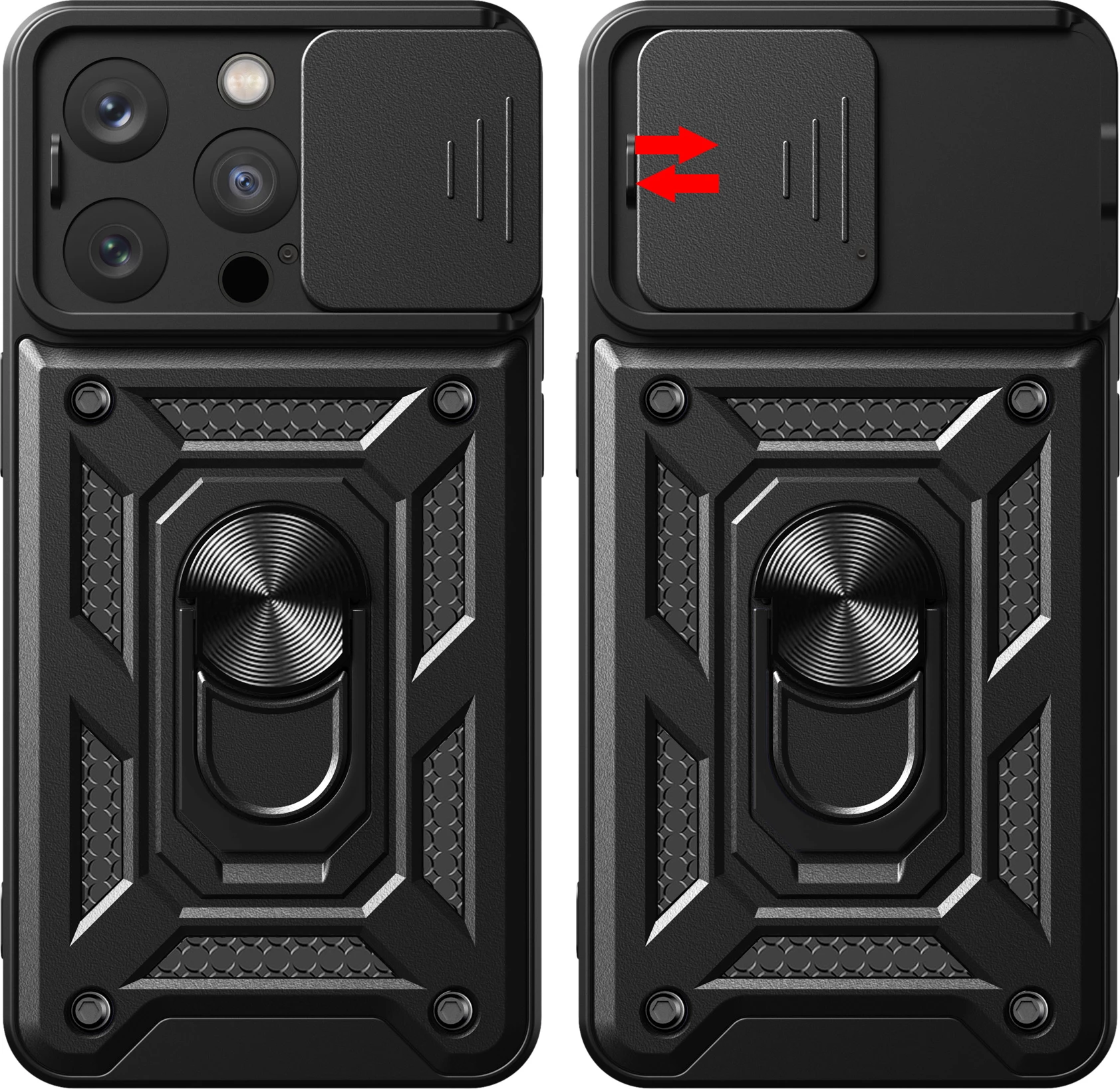 Mbështjellës Hurtel Armor Camshield me stand dhe mbulesë kamere për iPhone 15 Pro Max, i zi