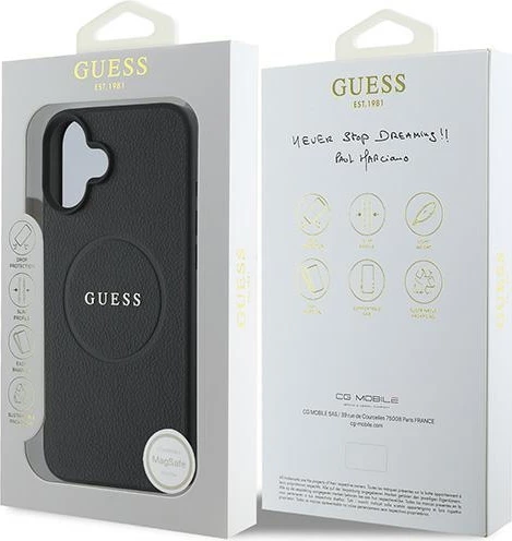 Mbështjellës Guess Grained Gold Ring MagSafe për iPhone 16 Plus, i zi