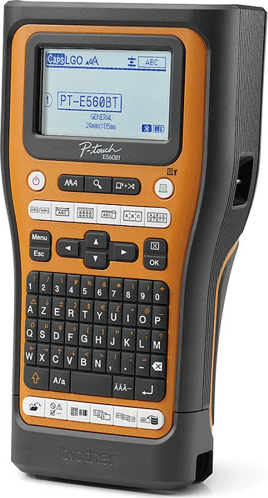 Printer etiketash Brother P-touch PT-E560BT, Bluetooth 5.0, USB, ekran me dritë, prerës automatik, portokalli/zi