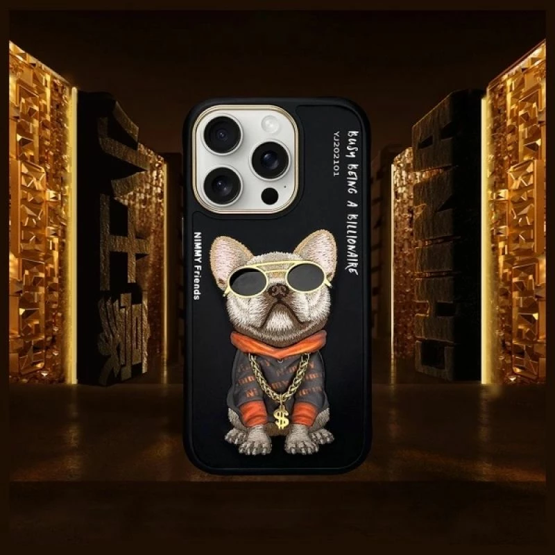 Kapak telefoni Nimmy Glasses Cool Dog për iPhone 16 Pro, i zi
