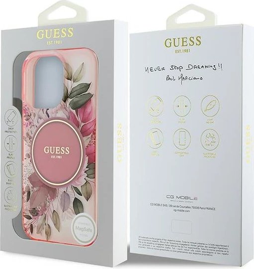 Mbështjellës Guess IML Flower & Tonal Circle MagSafe për iPhone 16 Pro Max, Rozë