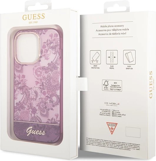 Mbështjellës Guess Porcelain Collection për iPhone 14 Pro Max, fuchsia