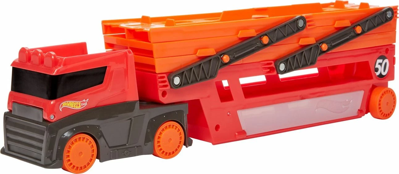 Kamion transporter lodër Hot Wheels Mega Transporter GHR48, 50th Anniversary, mban deri 50 makina, portokalli