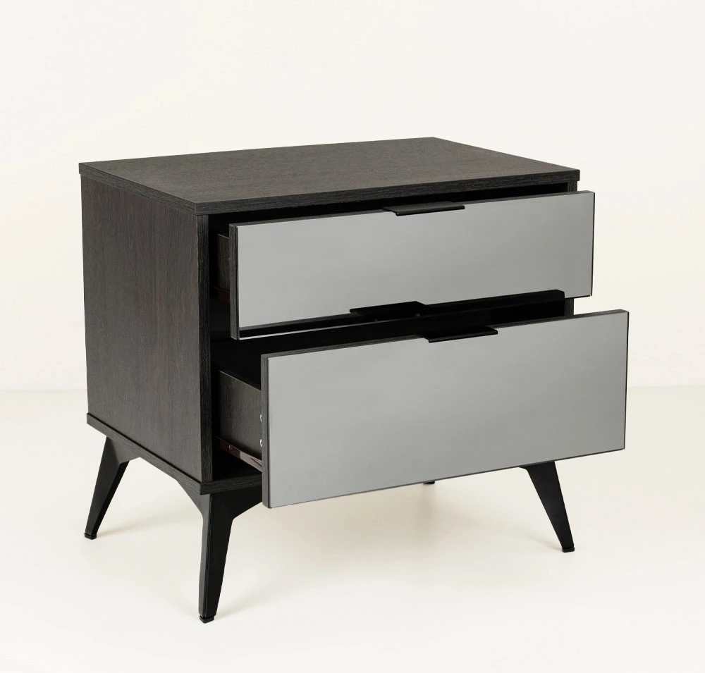 Komodinë nate Specchio, 2 sirtarë, ngjyrë lisi e zezë, pasqyrë, 58x39x55