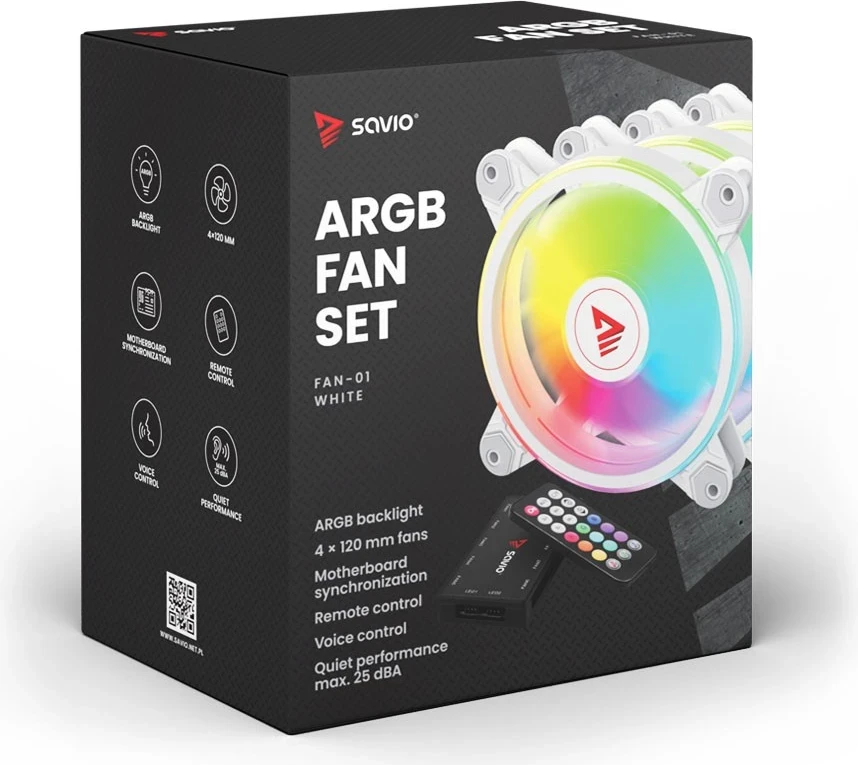 Ventilatorë ARGB SAVIO FAN-01, 4 copë me kontrollues dhe telekomandë, Bardhë