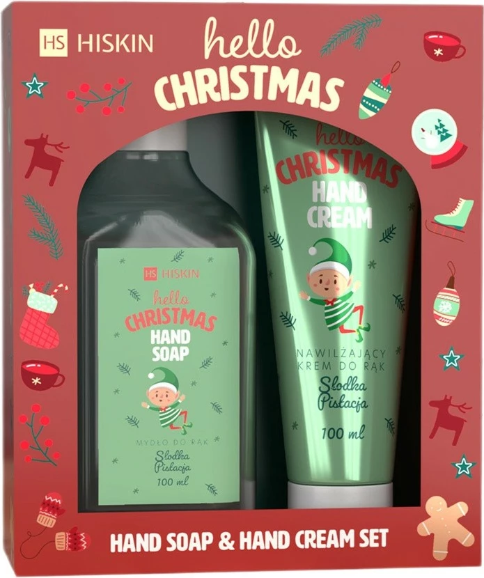 Set krem për duar dhe sapun për duar HiSkin Hello Christmas Sweet Pistachio për femra, 60ml + 200ml