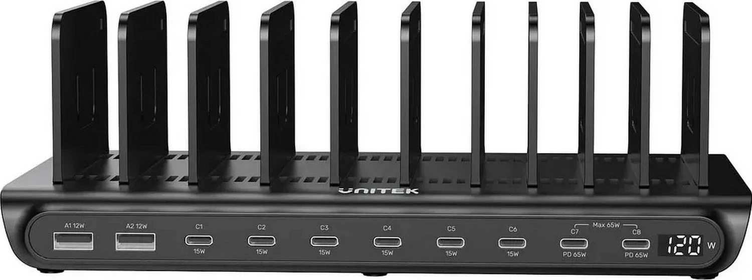 Stacion karikimi Unitek 10-portësh USB-A/USB-C, 120W, PD 3.0, i zi