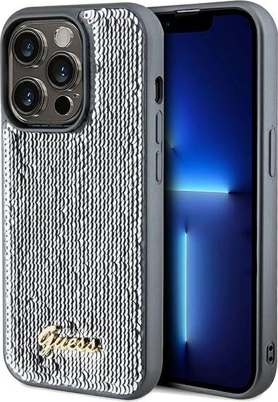 Mbështjellës Guess Sequin Script Metal për iPhone 14 Pro Max, argjendtë