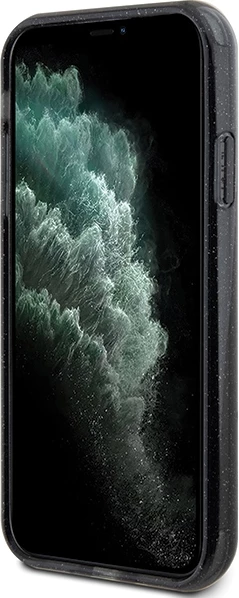 Mbështjellës Guess Ring Stand Script Glitter MagSafe për iPhone 11/XR, i zi