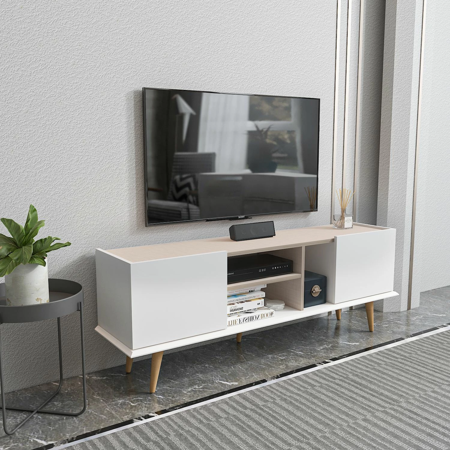 Komodë TV Skye Decor, e bardhë, bezhë, Ekvador