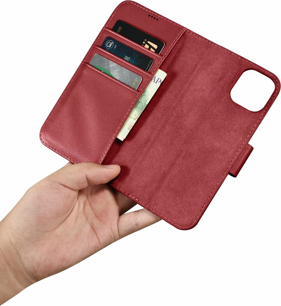 Mbështjellës iCarer Wallet Case 2in1 për iPhone 14 Plus, lëkurë natyrale, Anti-RFID, Kuq