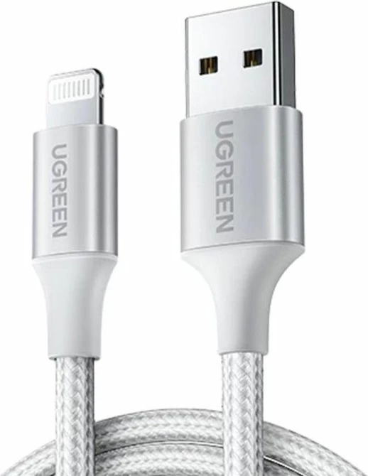 Kabllo Lightning në USB-A UGREEN 60162, 1.5 m, e thurur, MFi, USB 2.0, bardhë-argjend, në kuti