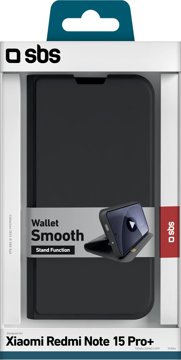Mbështjellës SBS Wallet Smooth për Xiaomi Redmi Note 15 Pro+, me kapak flip, me xhep karte, me stand, i zi, në kuti