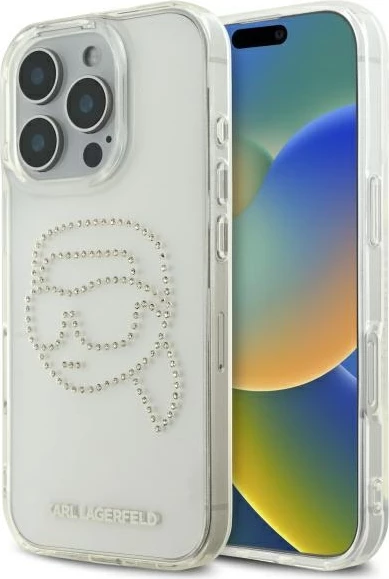 Mbështjellës Karl Lagerfeld KLHCP16XHKHDCELT për iPhone 16 Pro Max 6.9", transparent, IML Rhinestones Karl Head