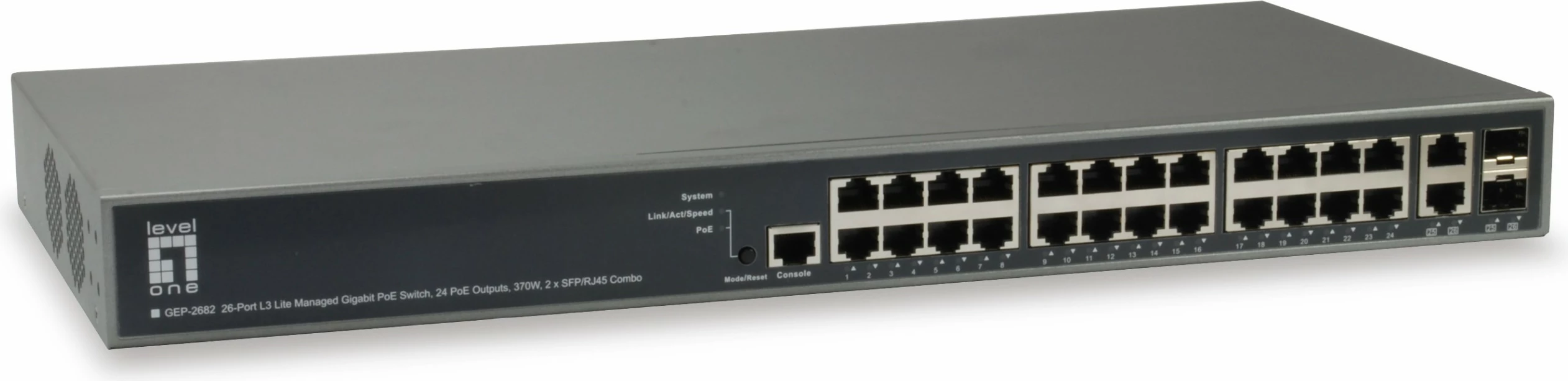 Switch LevelOne TURING 26-Port L3 Lite Managed Gigabit PoE, 24 PoE dalje, 370W, 2 x SFP/RJ45 Combo