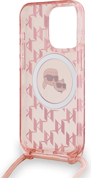 Mbështjellës Karl Lagerfeld IML Crossbody Monogram Karl & Choupette Head MagSafe për iPhone 15 Pro Max, Rozë