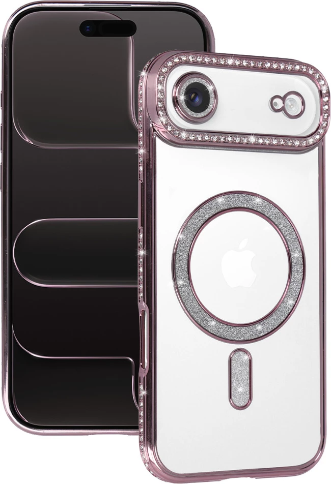 Mbështjellës silikoni ONASI MagSafe për iPhone 17 Air, transparent pink me glitter