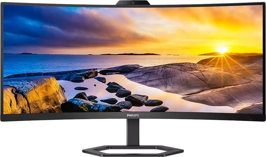 Monitor PHILIPS 34E1C5600HE 34" i lakuar VA WQHD 3440x1440 100Hz USB-C PD 65W me webcam, mikrofon dhe altoparlantë, zi