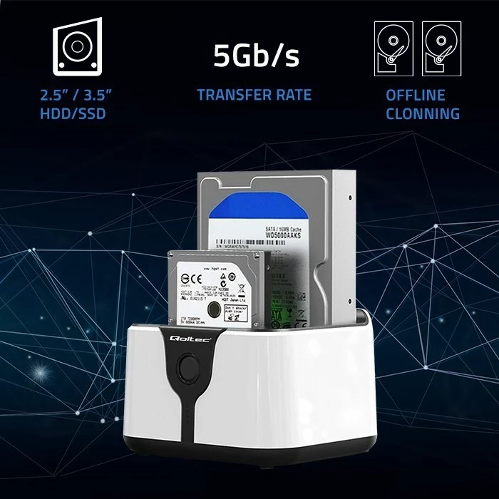Stacion docking Qoltec 50309, HDD SSD 2.5" 3.5", USB 3.0, Bardhë