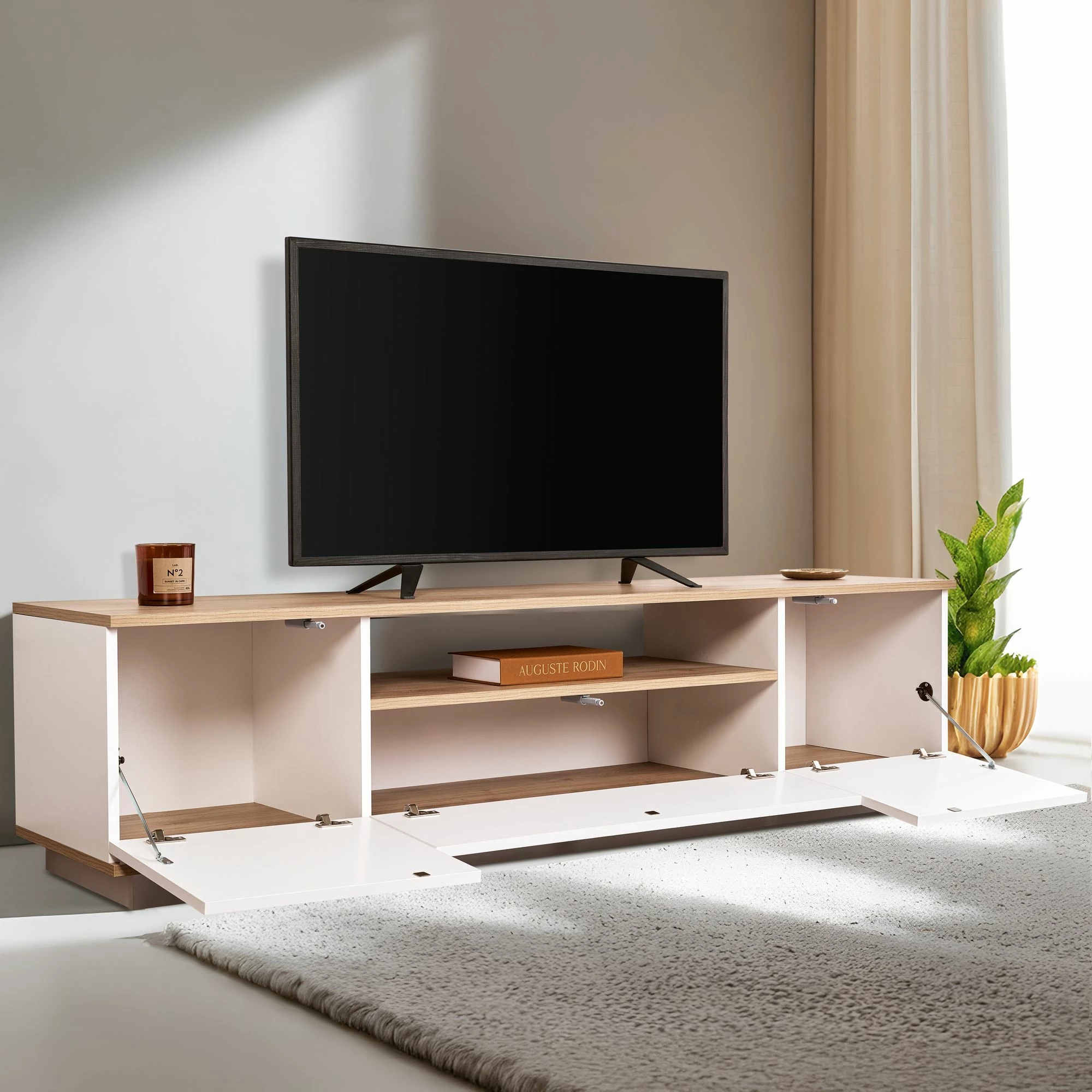 Komodë TV Skye Decor, Veramont, e bardhë, lisi Cadiz