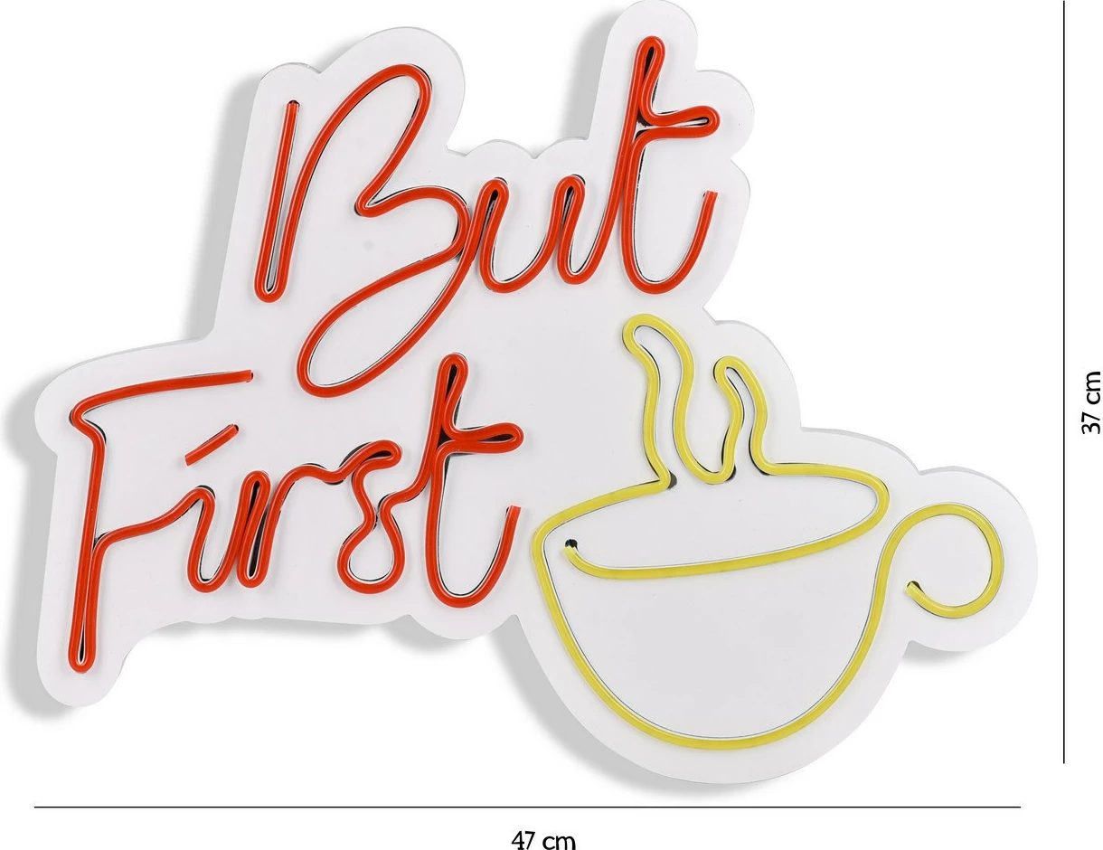 Dritë dekorative LED për mur, plastikë, But First Coffee, e kuqe dhe e verdhë