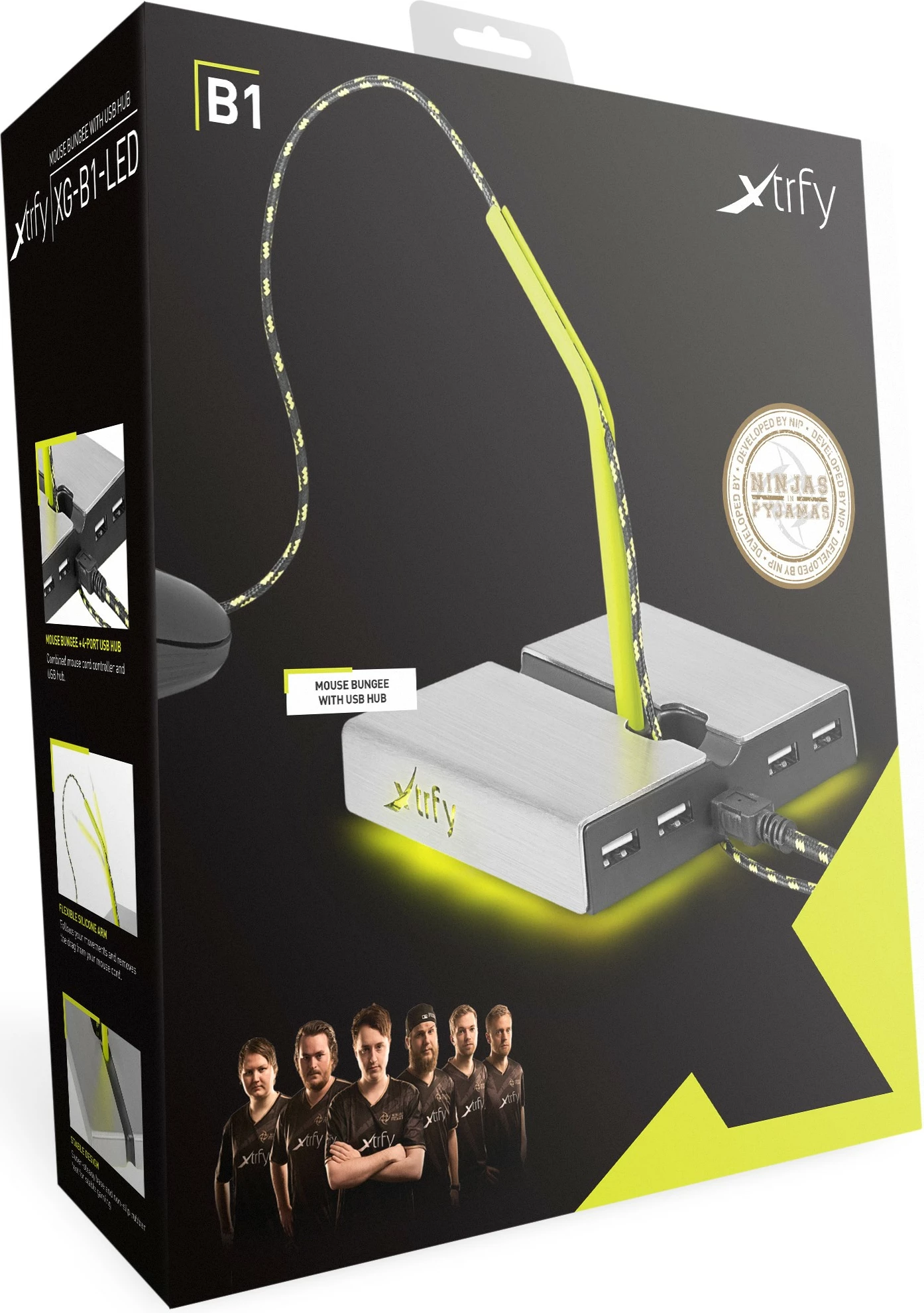 Mouse bungee Cherry Xtrfy B4 me LED, 4 porta USB, argjendtë/verdhe