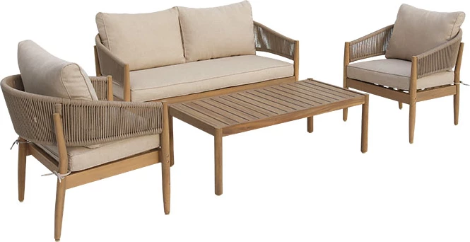 Set lounge për jashtë Lemanda, dru akacie, litar, jastëk bezhë