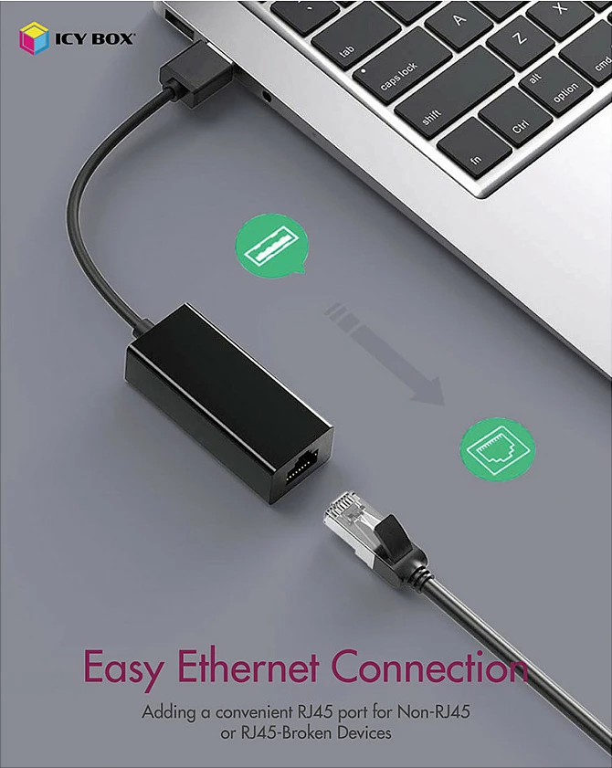 Adapter rrjeti ICY BOX USB 3.2 Gen1 në Gigabit Ethernet, 1x RJ-45, i zi