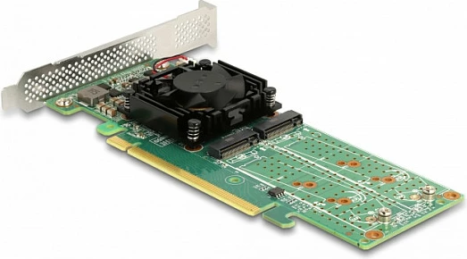 Kartë adapter PCIe x16 DeLOCK për 4x M.2 NVMe Key M, low profile, me ventilator, e gjelbër
