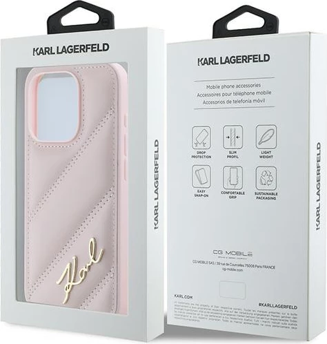 Mbështjellës Karl Lagerfeld Diagonal Quilted Script për iPhone 15 Pro Max, rozë