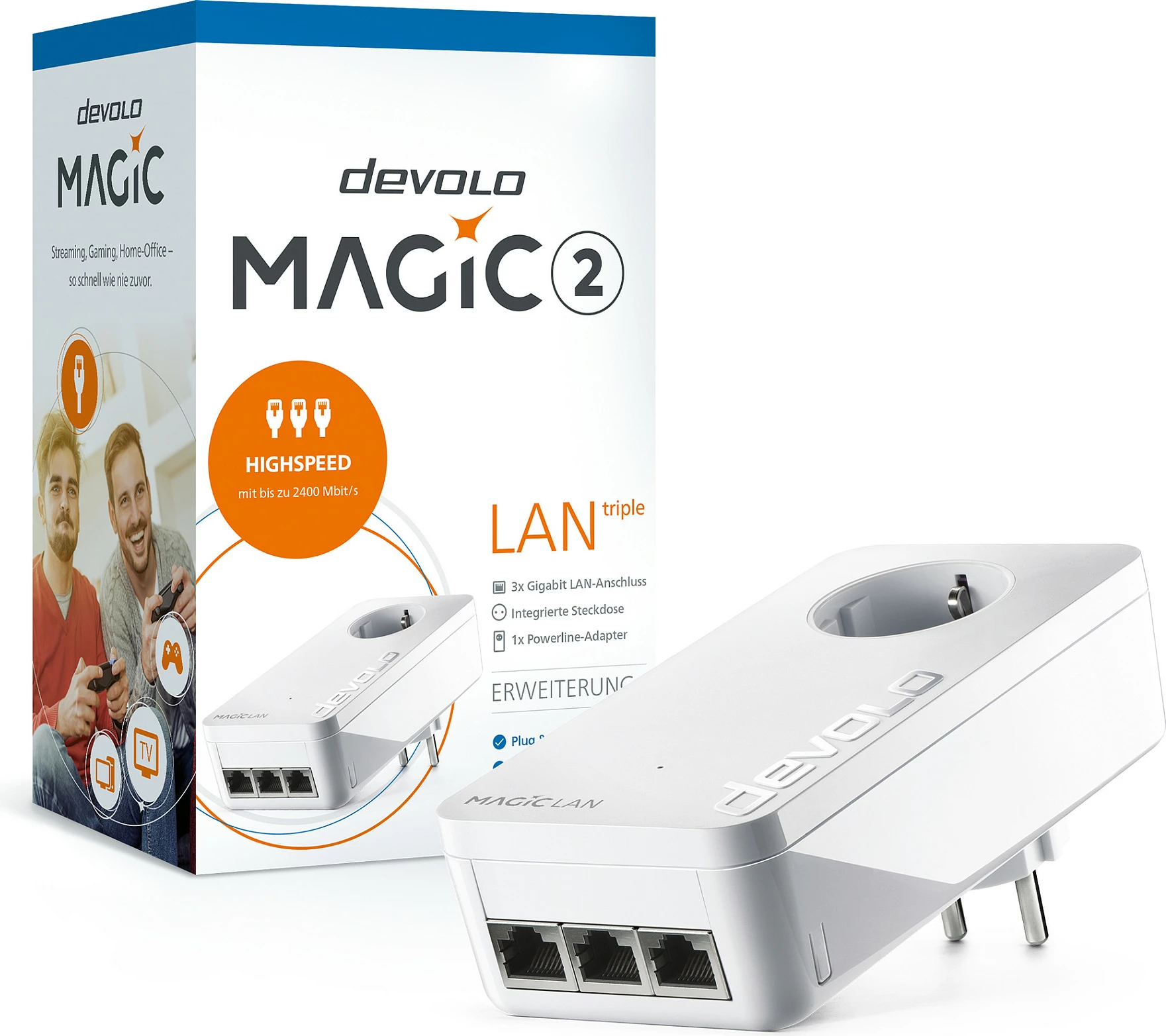 Adapter Powerline Devolo Magic 2 LAN Triple, 2400 Mbit/s, 3x Gigabit LAN, prizë e integrume, e bardhë