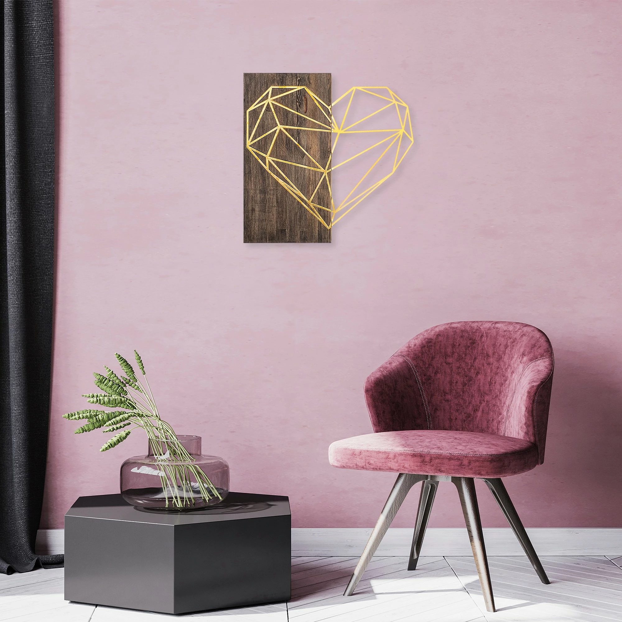 Aksesor muri dekorativ prej druri, Wallity, zemër, ngjyrë ari