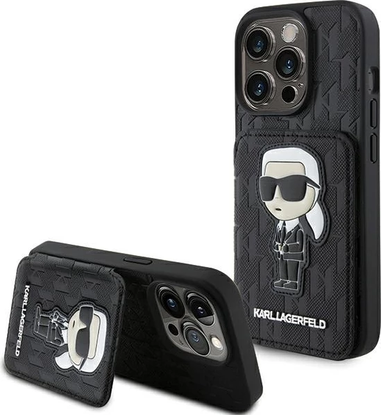 Mbështjellës Karl Lagerfeld Saffiano Cardslots & Stand Monogram Ikonik për iPhone 15 Pro, e zezë