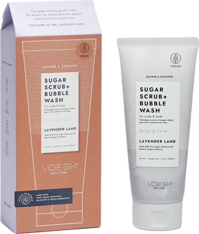 Peeling për trup dhe skalp VOESH Sugar Scrub + Bubble Wash Lavender Land për femra 210g