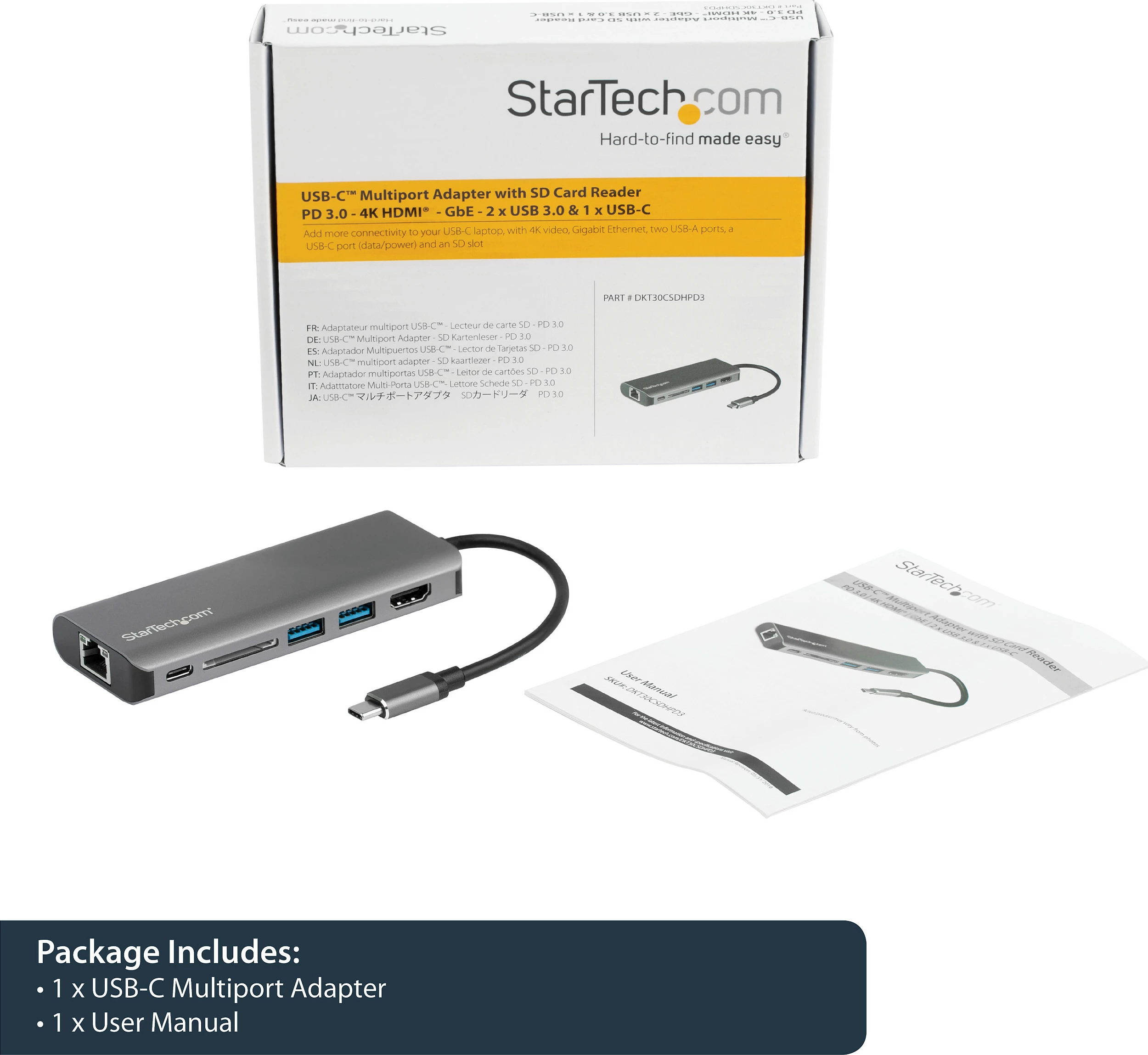 Adapter multiport USB-C StarTech DKT30CSDHPD3, HDMI 4K 60Hz, 2x USB 3.0, GbE, SD/microSD, PD 60W, gri