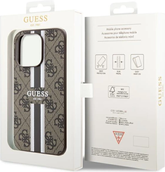 Mbështjellës Guess GUHMP14XP4RPSW për iPhone 14 Pro Max 6.7", 4G Printed Stripes MagSafe, kafe